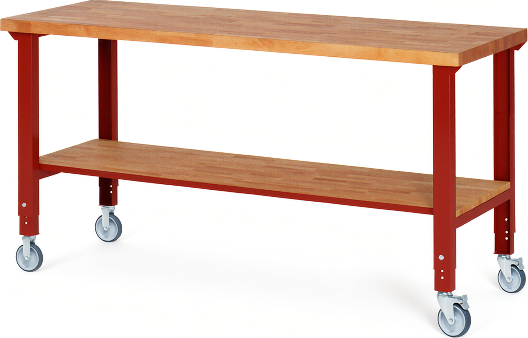 Fahrbare Werkbank Modell 7000 rot, BxTxH 2000x700x950-1000 mm,  Buche-Massiv Arbeitsplatte 40 mm