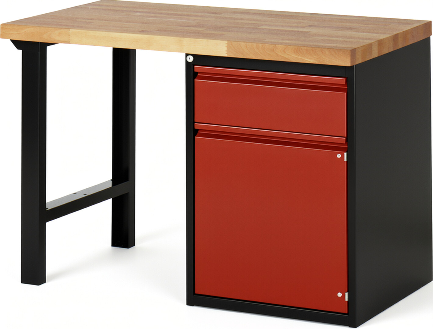 Werkbank schwarz - rot, Breite 125 cm, Tiefe 70 cm, Höhe 89 cm, 1 Schublade(n), Platte: Buche-Massiv-Arbeitsplatte