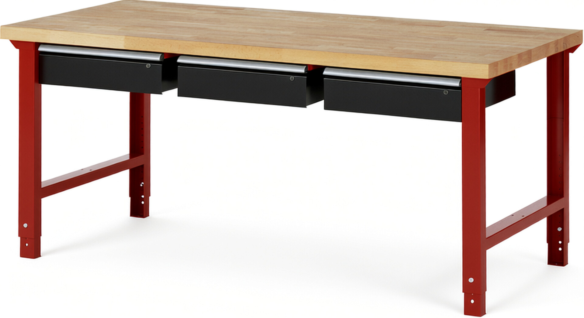 Werkbank Modell 7003 rot - schwarz, BxTxH 2000x900x790-1140 mm,  Buche-Massiv Arbeitsplatte 40 mm,  3 Schubladen mit  Auszug 90 %
