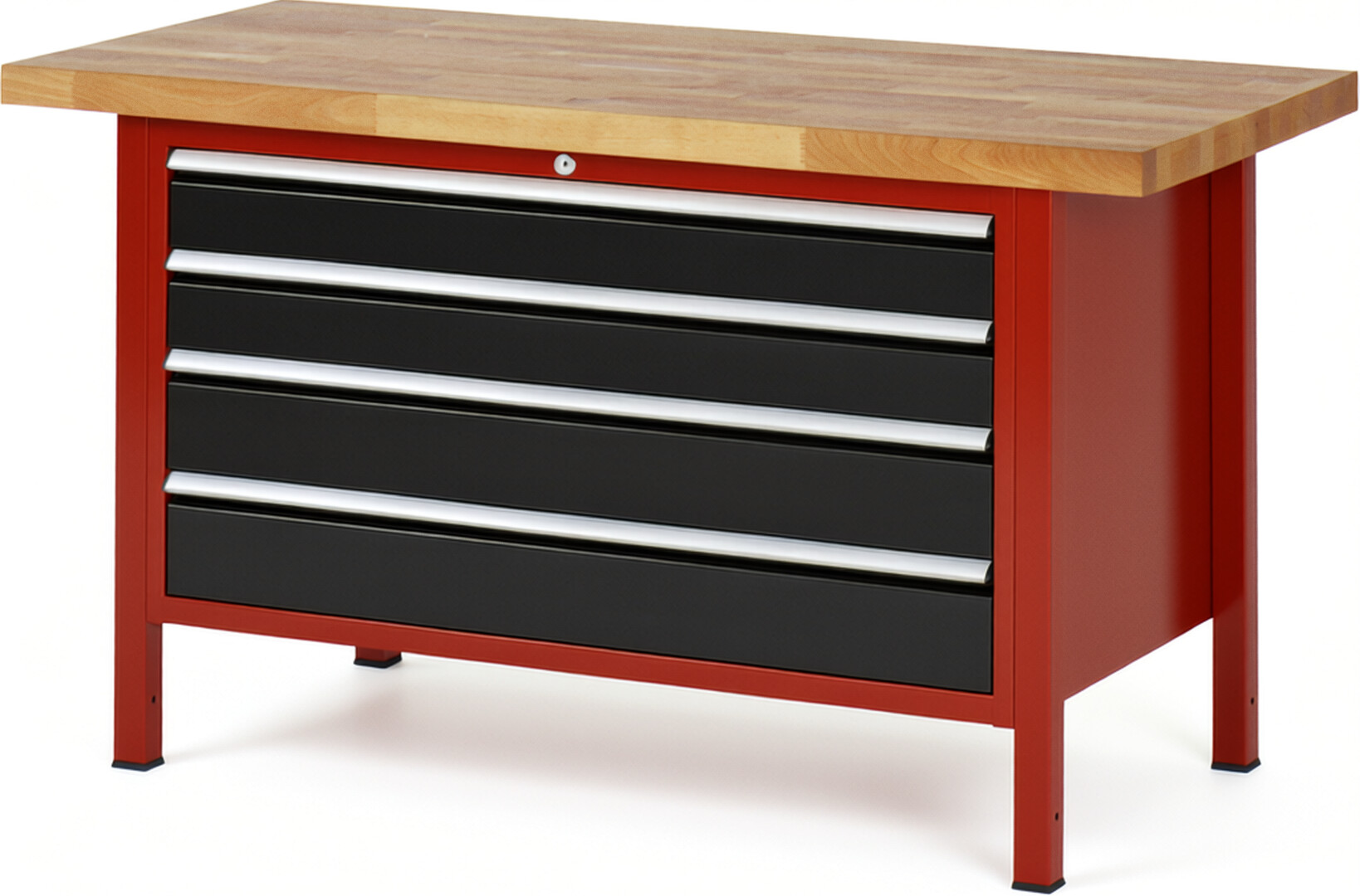 Werkbank Modell 8362 rot - schwarz, BxTxH 1500x700x840-1040 mm,  Buche-Massiv Arbeitsplatte 40 mm,  4 Schubladen mit  Vollauszug 100 % und  SoftClosing