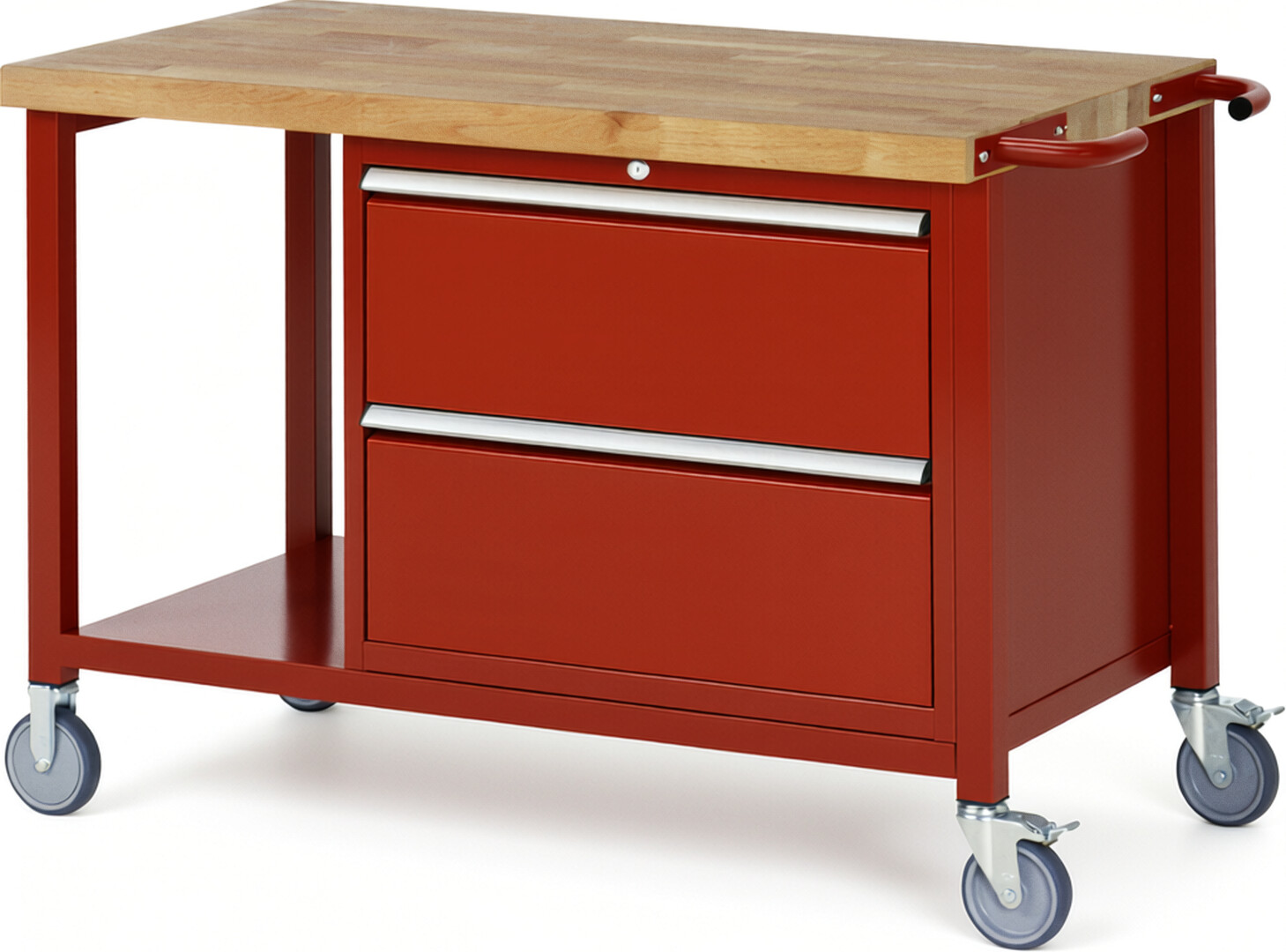 Fahrbare Werkbank Modell 8255 rot, BxTxH 1250x700x880-1080 mm,  Buche-Massiv Arbeitsplatte 40 mm,  2 Schubladen mit  Vollauszug 100 % und  SoftClosing