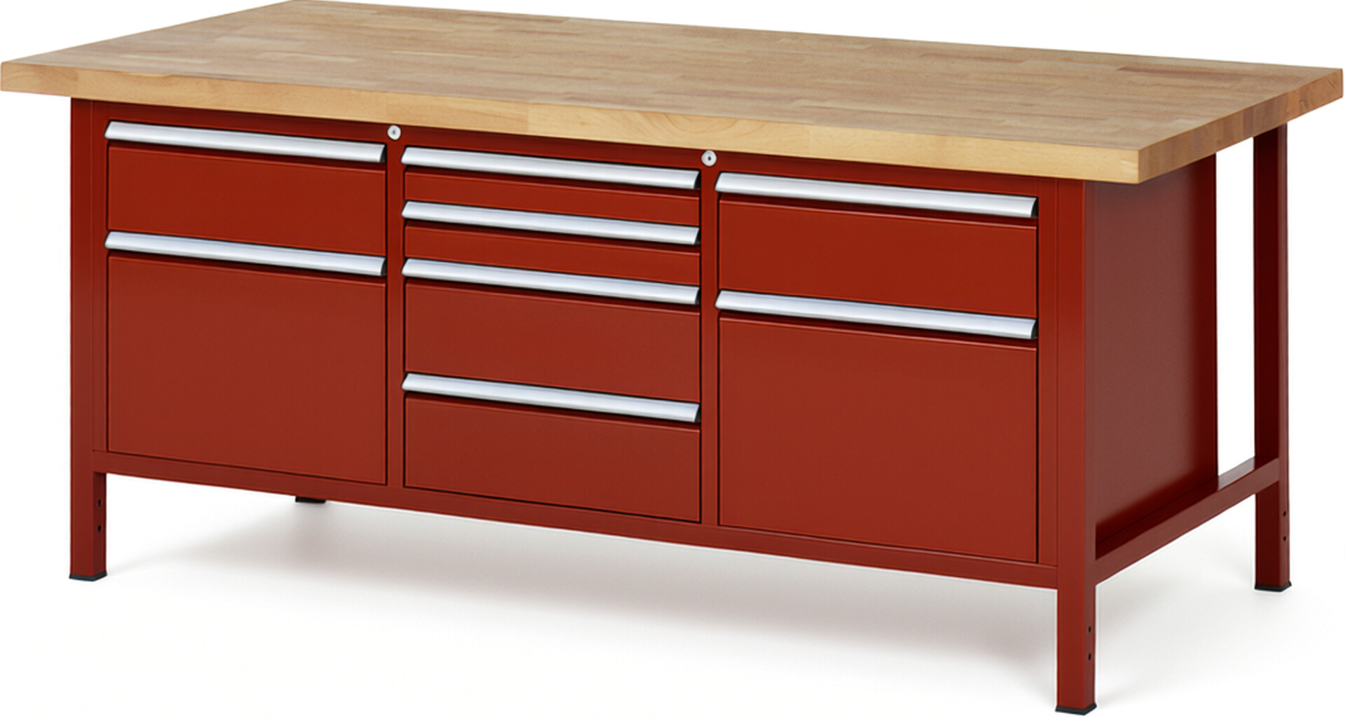 Werkbank Modell 8572 rot, BxTxH 2000x900x840-1040 mm,  Buche-Massiv Arbeitsplatte 40 mm,  8 Schubladen mit  Auszug 90 %