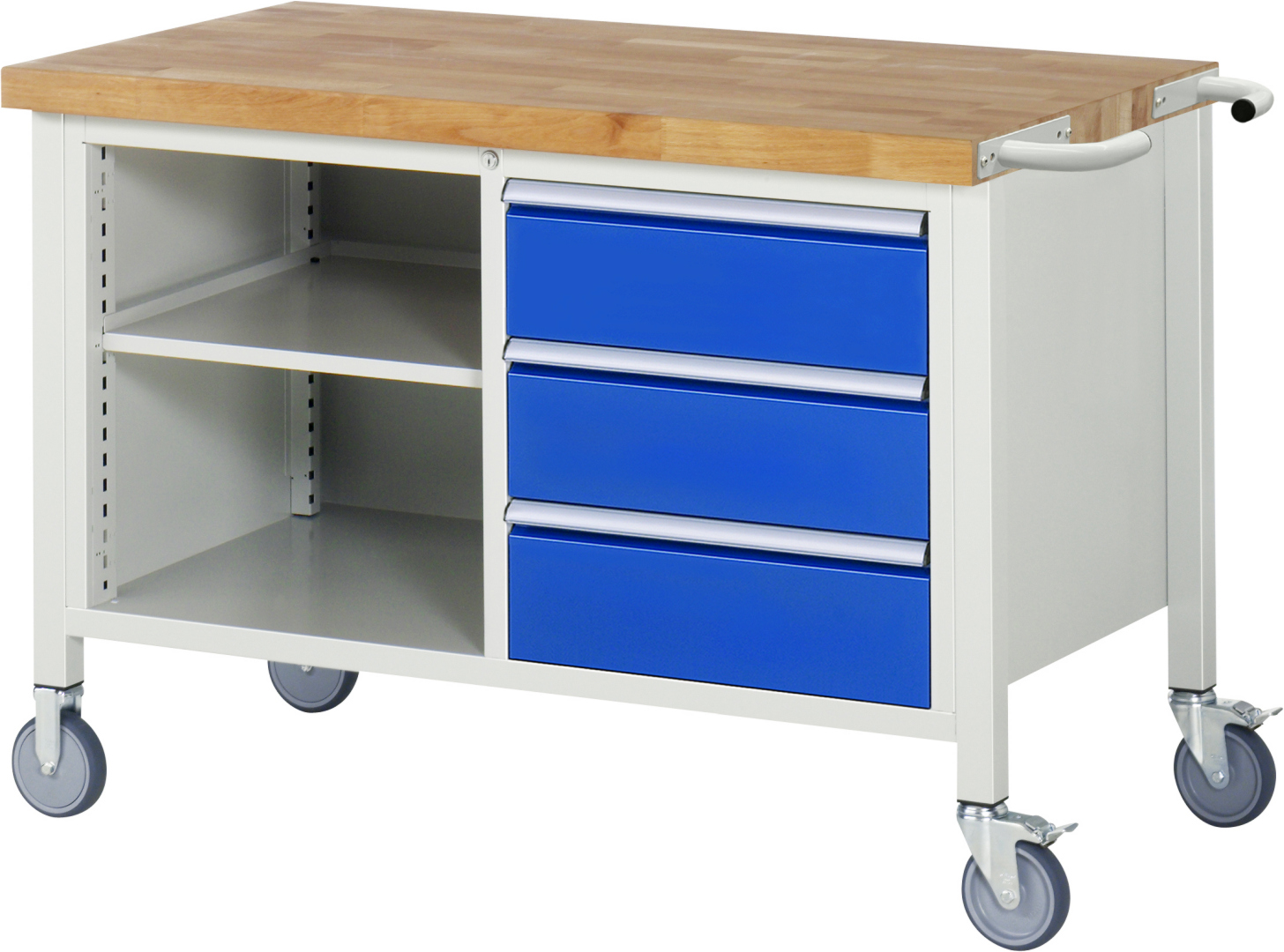 Fahrbare Werkbank Modell 8462 rot - schwarz, BxTxH 1250x700x880 mm,  Buche-Massiv Arbeitsplatte 40 mm,  3 Schubladen mit  Auszug 90 %