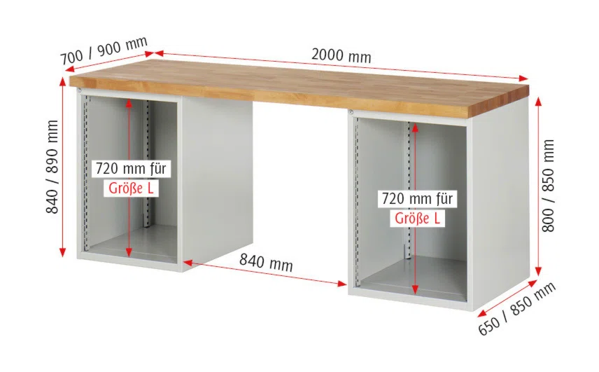 Werkbank Modell 7822 rot - schwarz, BxTxH 2000x700x840 mm,  Buche-Massiv Arbeitsplatte 40 mm,  12 Schubladen mit  Auszug 90 %