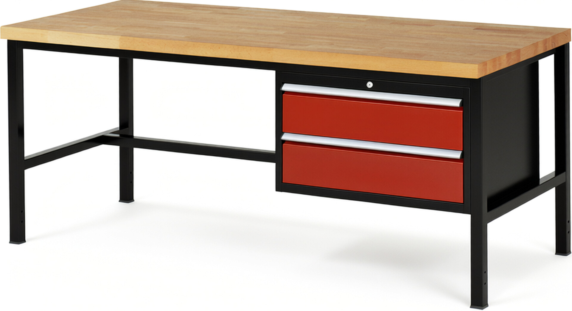 RAU Werkbank schwarz - rot - Breite 200 cm - Tiefe 90 cm - Höhe 104 cm - Buche-Massiv Arbeitsplatte 40 mm