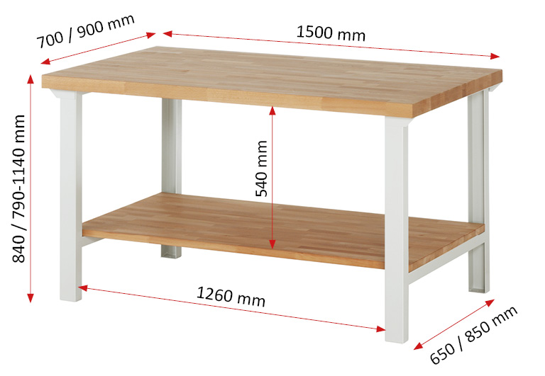Werkbank Modell 7000,  BxTxH 1500x900x790-1140 mm,  Buche-Massiv Arbeitsplatte 40 mm
