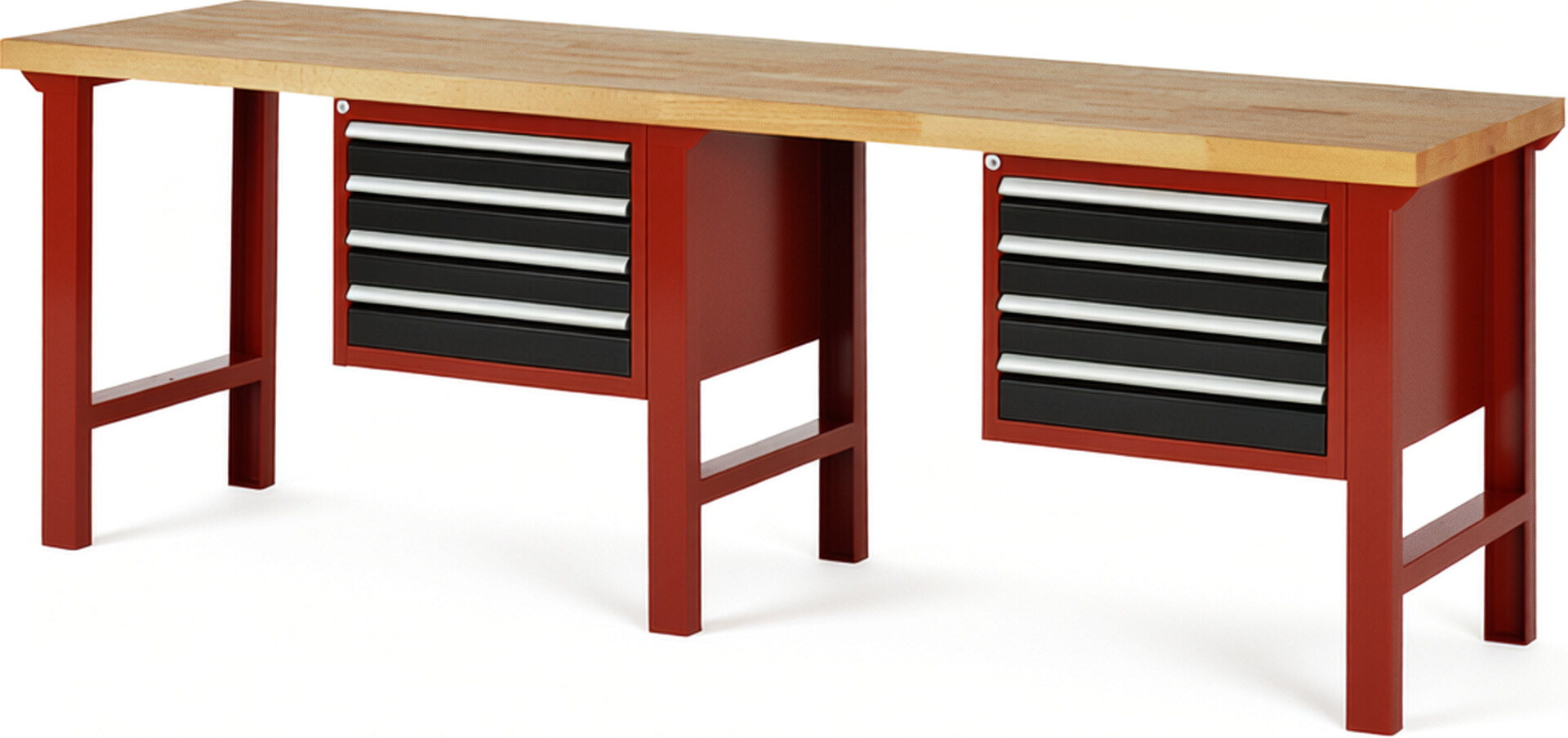 RAU Werkbank rot - schwarz - Breite 250 cm - Tiefe 70 cm - Höhe 84 cm - Buche-Massiv Arbeitsplatte 40 mm