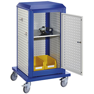 Tool-Tower klein, BxTxH 700x700x1260 mm, mobil, 3 Lochplatten außen, 2 Lochplatten innen, 1 Tür, RAL 5010/7035