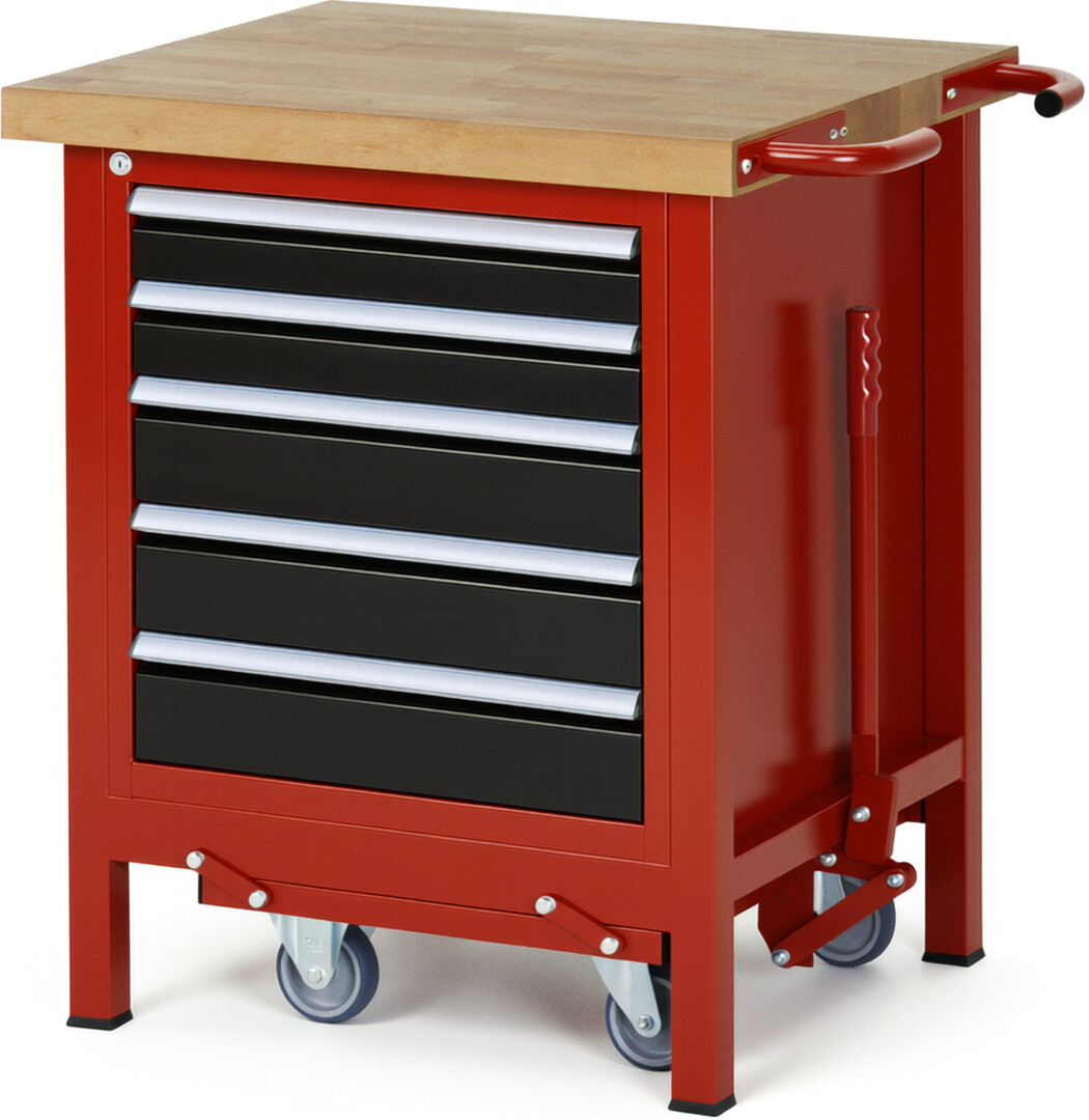 Absenkbare Werkbank Modell 8171 rot - schwarz, BxTxH 750x700x880 mm,  Buche-Massiv Arbeitsplatte 40 mm,  5 Schubladen mit  Vollauszug 100 % und  SoftClosing