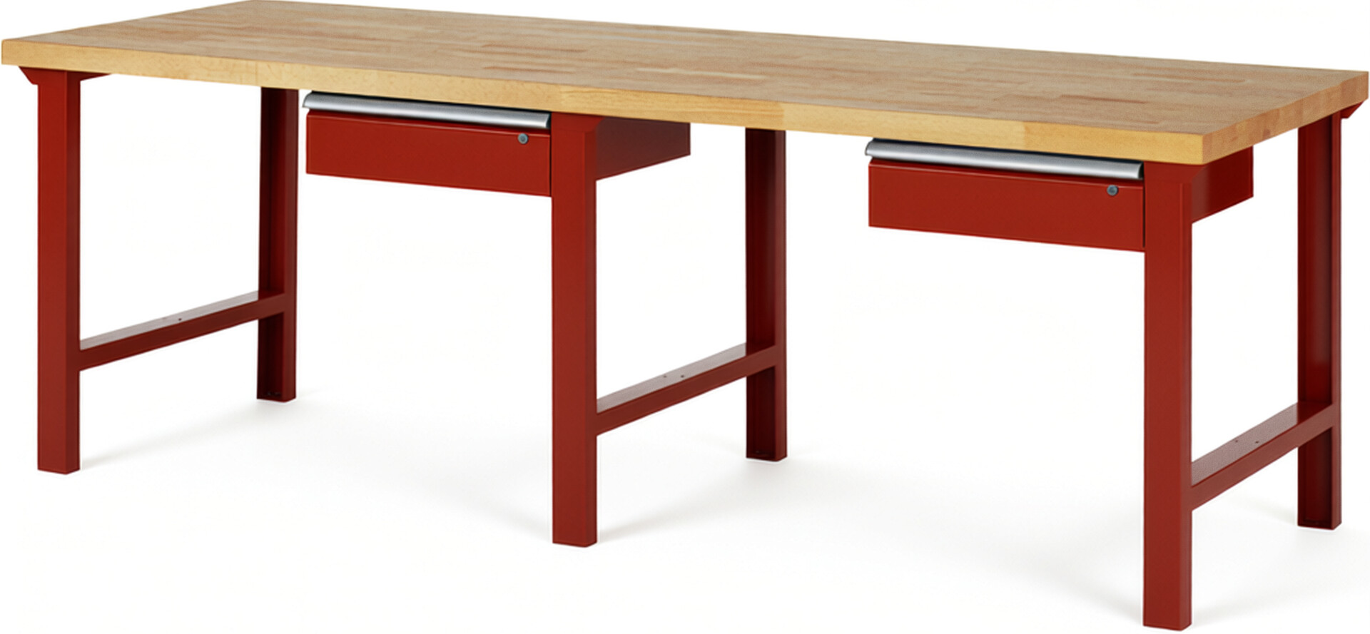 RAU Werkbank rot - Breite 250 cm - Tiefe 90 cm - Höhe 84 cm - Buche-Massiv Arbeitsplatte 40 mm