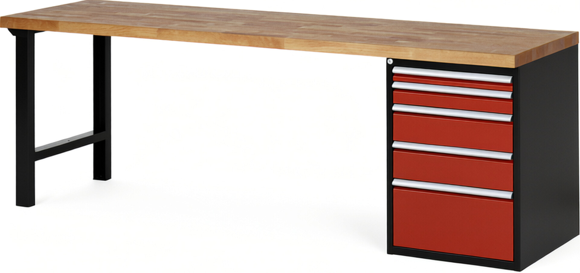 RAU Werkbank schwarz - rot - Breite 250 cm - Tiefe 70 cm - Höhe 84 cm - Buche-Massiv Arbeitsplatte 40 mm