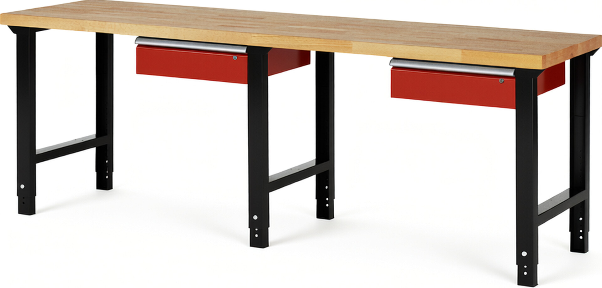 RAU Werkbank schwarz - rot - Breite 250 cm - Tiefe 70 cm - Höhe 114 cm - Buche-Massiv Arbeitsplatte 40 mm