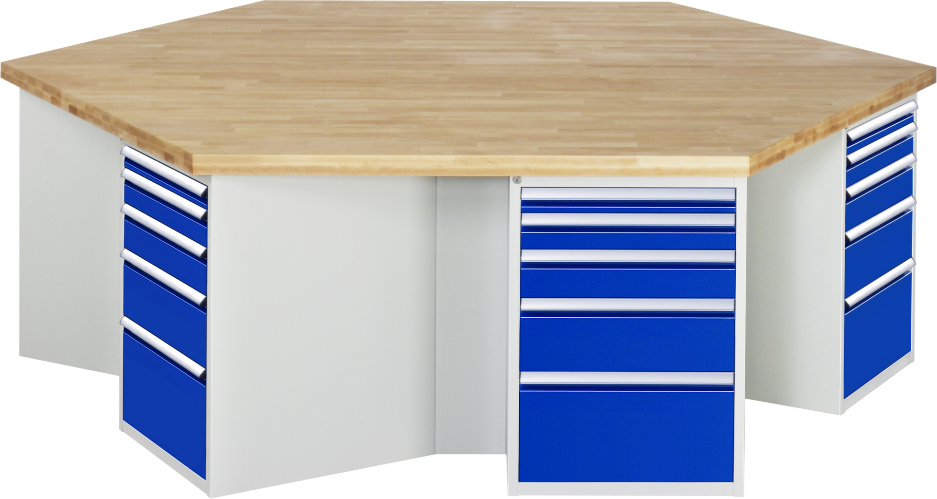 Gruppenwerkbank Modell 499,  BxTxH 2700x2340x900 mm,  Buche-Massiv Arbeitsplatte 50 mm,  30 Schubladen mit  Vollauszug 100 % und  SoftClosing