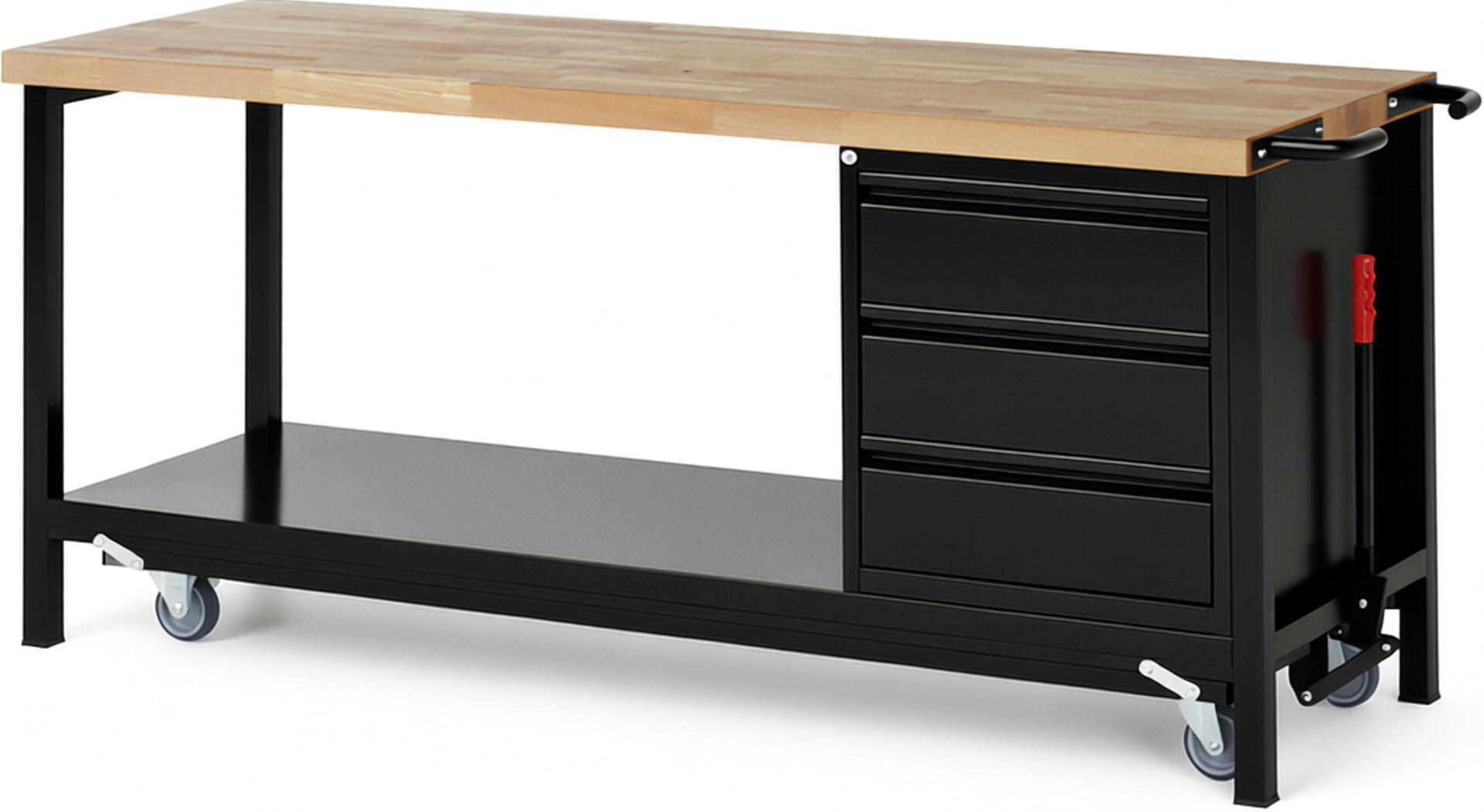 Absenkbare Werkbank - Modell 8157 BASIC schwarz, BxTxH 2000x700x880 mm,  Buche-Massiv Arbeitsplatte 40 mm,  3 Schubladen mit  Auszug 90 %