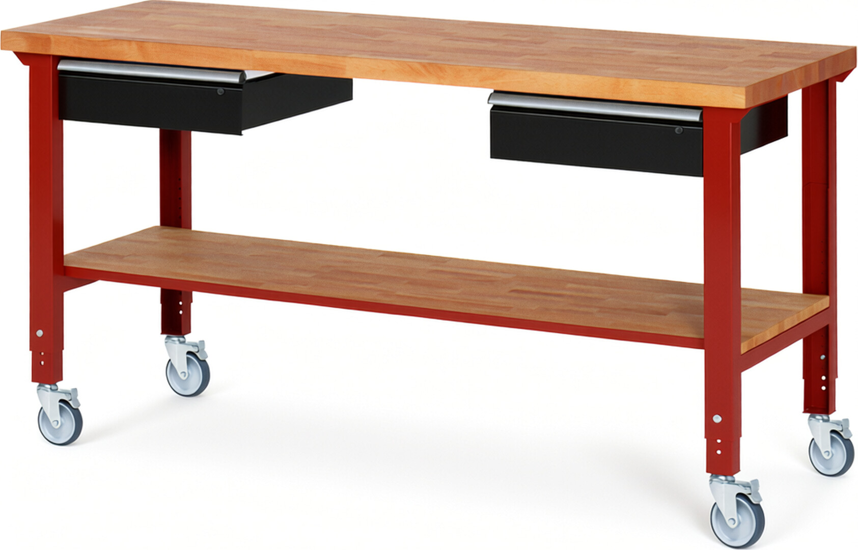 Fahrbare Werkbank Modell 7002 rot - schwarz, BxTxH 2000x700x950-1000 mm,  Buche-Massiv Arbeitsplatte 40 mm,  2 Schubladen mit  Auszug 90 %