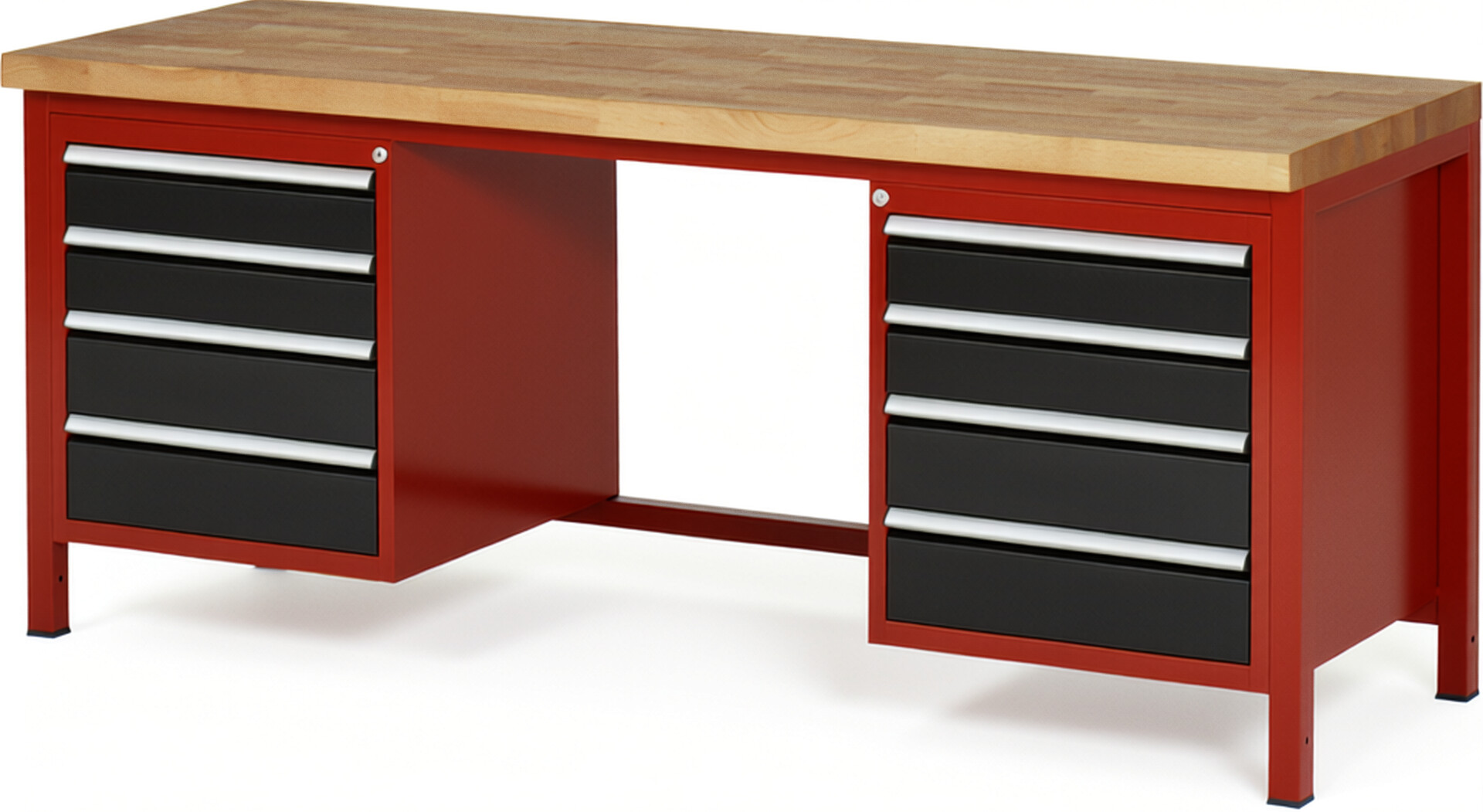 RAU Werkbank rot - schwarz - Breite 200 cm - Tiefe 70 cm - Höhe 104 cm - Buche-Massiv Arbeitsplatte 40 mm