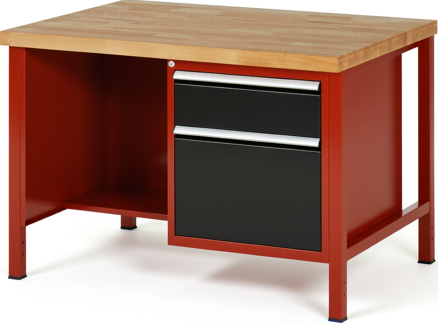 Werkbank Modell 8451 rot - schwarz, BxTxH 1250x900x840 mm,  Buche-Massiv Arbeitsplatte 40 mm,  2 Schubladen mit  Auszug 90 %