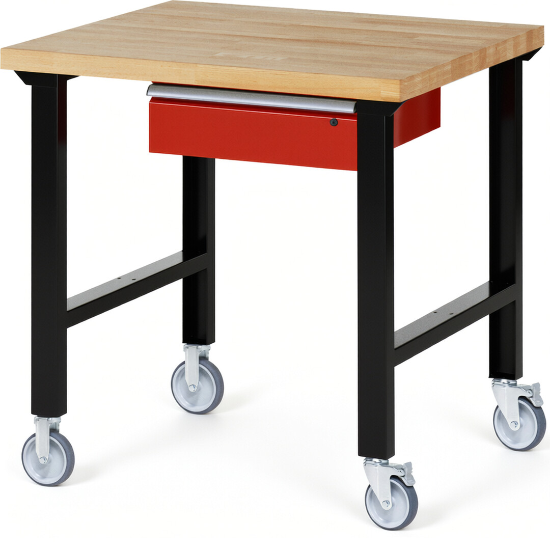 Fahrbare Werkbank Modell 7001 schwarz-rot, BxTxH 1000x900x1000 mm,  Buche-Massiv Arbeitsplatte 40 mm,  1 Schublade mit  Auszug 90 %