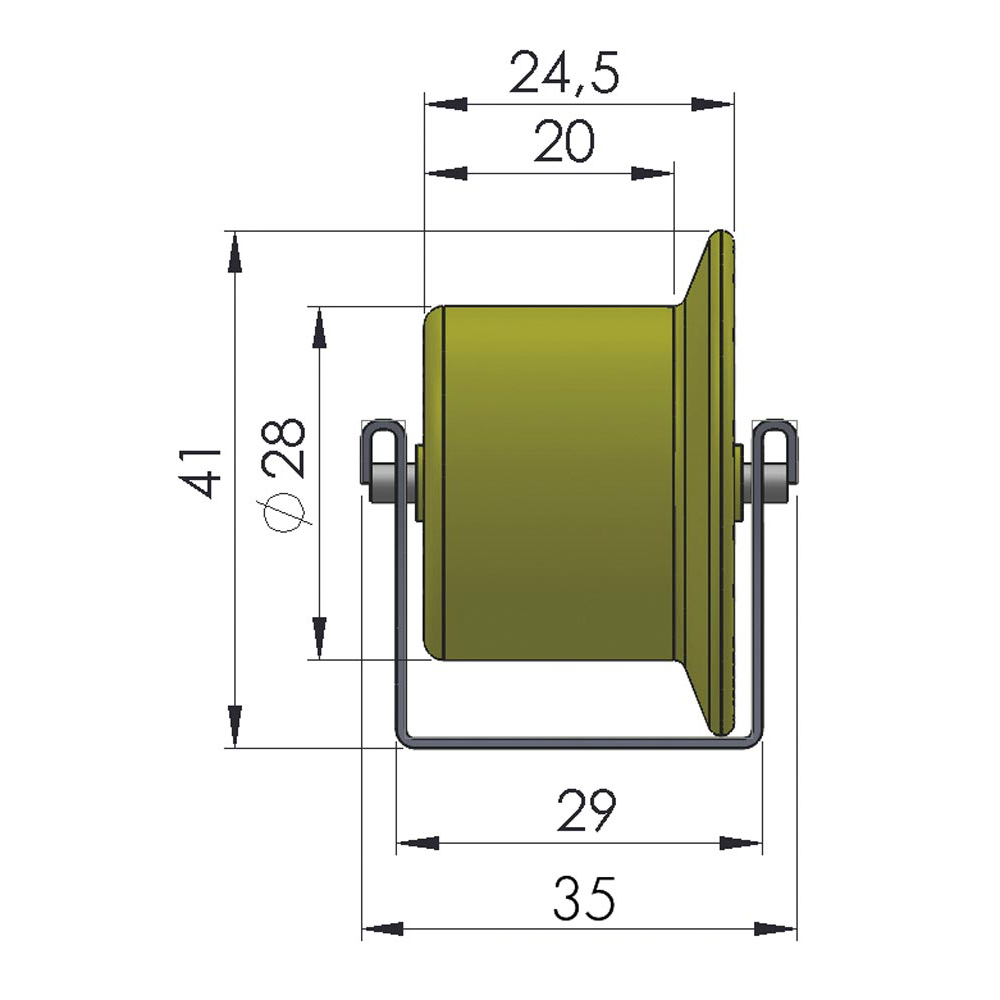 Röllchen-U-Leisten, Profil 26x29x26 mm,verzinkt,Kunststoffrolle mit Spurkranz,Durchm. 28/41 mm,Traglast 6 kg/Rolle,Achsabstand 100 mm