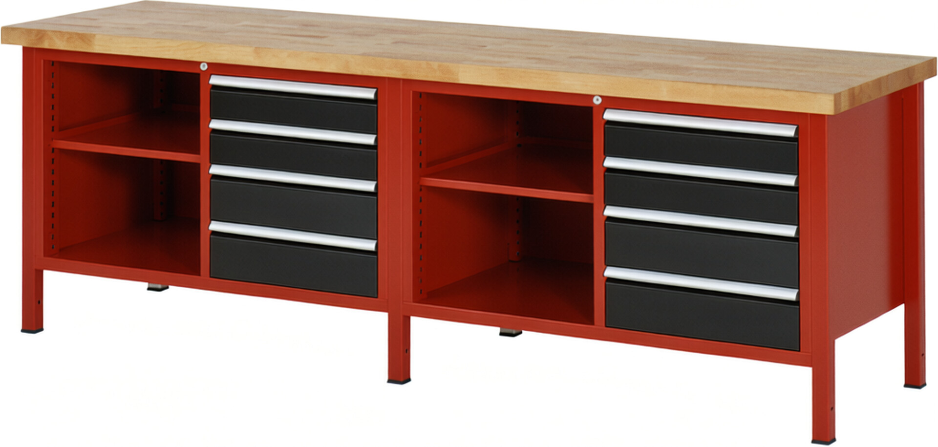 Werkbank Modell 8463 rot - schwarz, BxTxH 2500x700x840-1040 mm,  Buche-Massiv Arbeitsplatte 40 mm,  8 Schubladen mit  Auszug 90 %