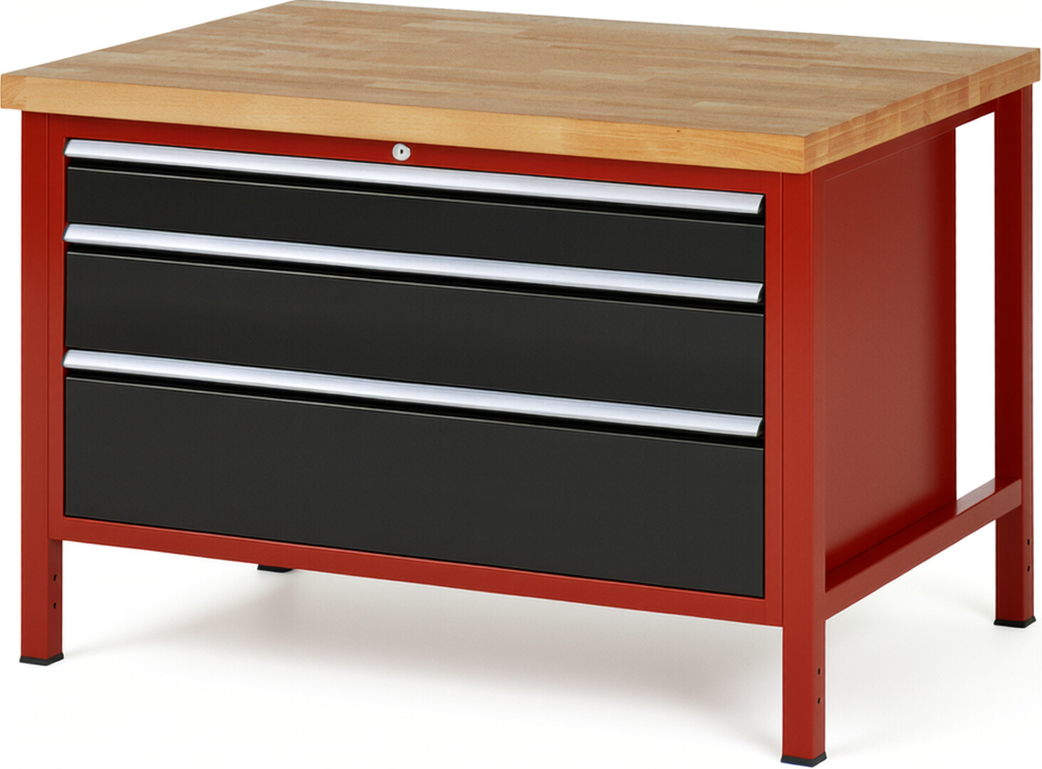 Werkbank Modell 8359 rot - schwarz, BxTxH 1250x900x840-1040 mm,  Buche-Massiv Arbeitsplatte 40 mm,  3 Schubladen mit  Vollauszug 100 % und  SoftClosing