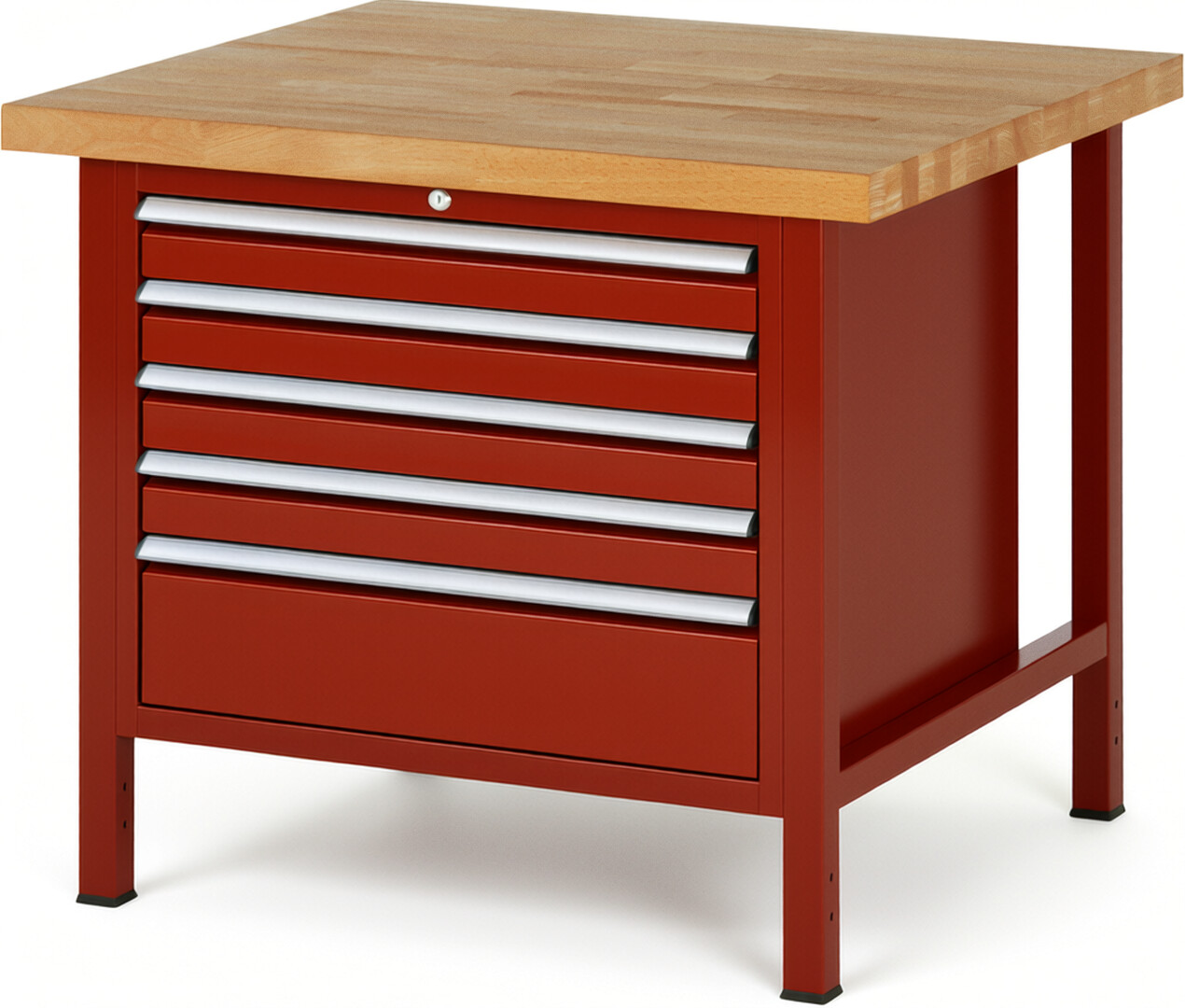 Werkbank Modell 8268 rot, BxTxH 1000x900x840 mm,  Buche-Massiv Arbeitsplatte 40 mm,  5 Schubladen mit  Auszug 90 %