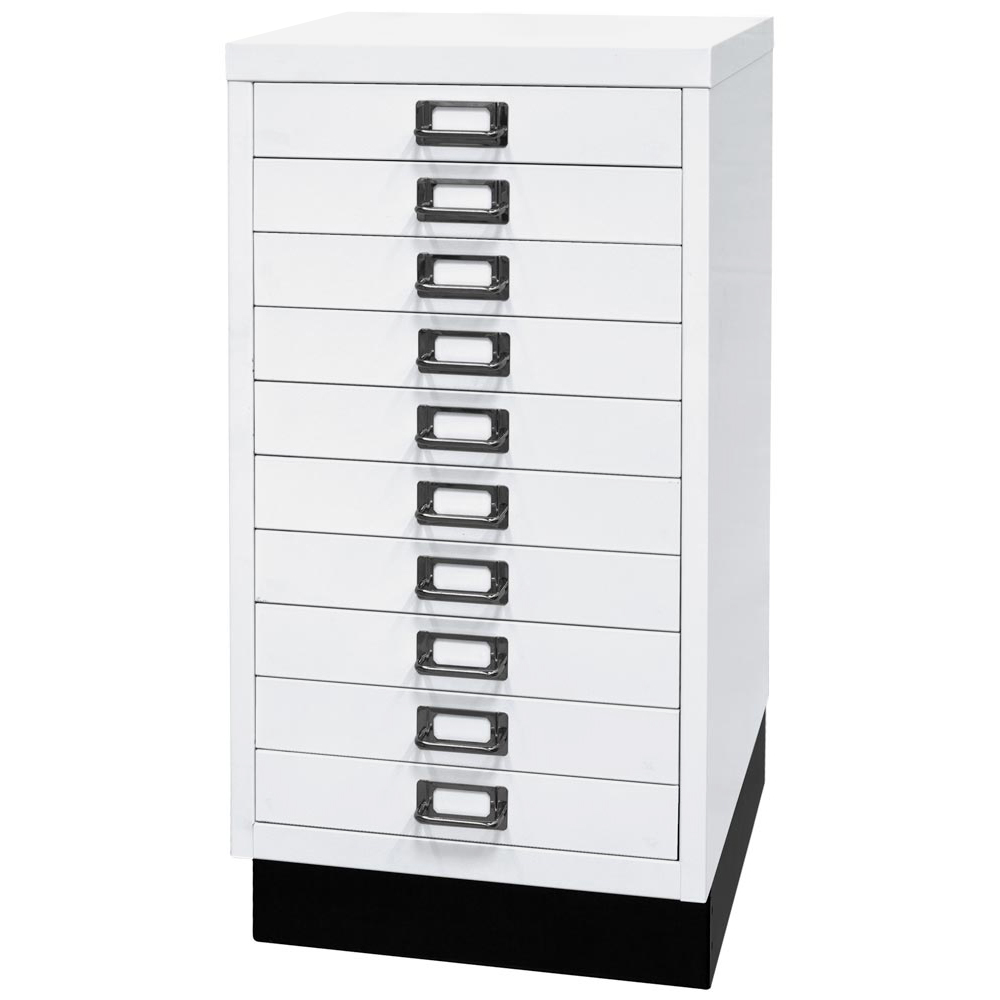 Schubladenschrank aus Stahl, BxTxH 349x432x670 mm, 10 Schubladen 51 mm, DIN A3, Sockel 80 mm hoch, verkehrsweiß