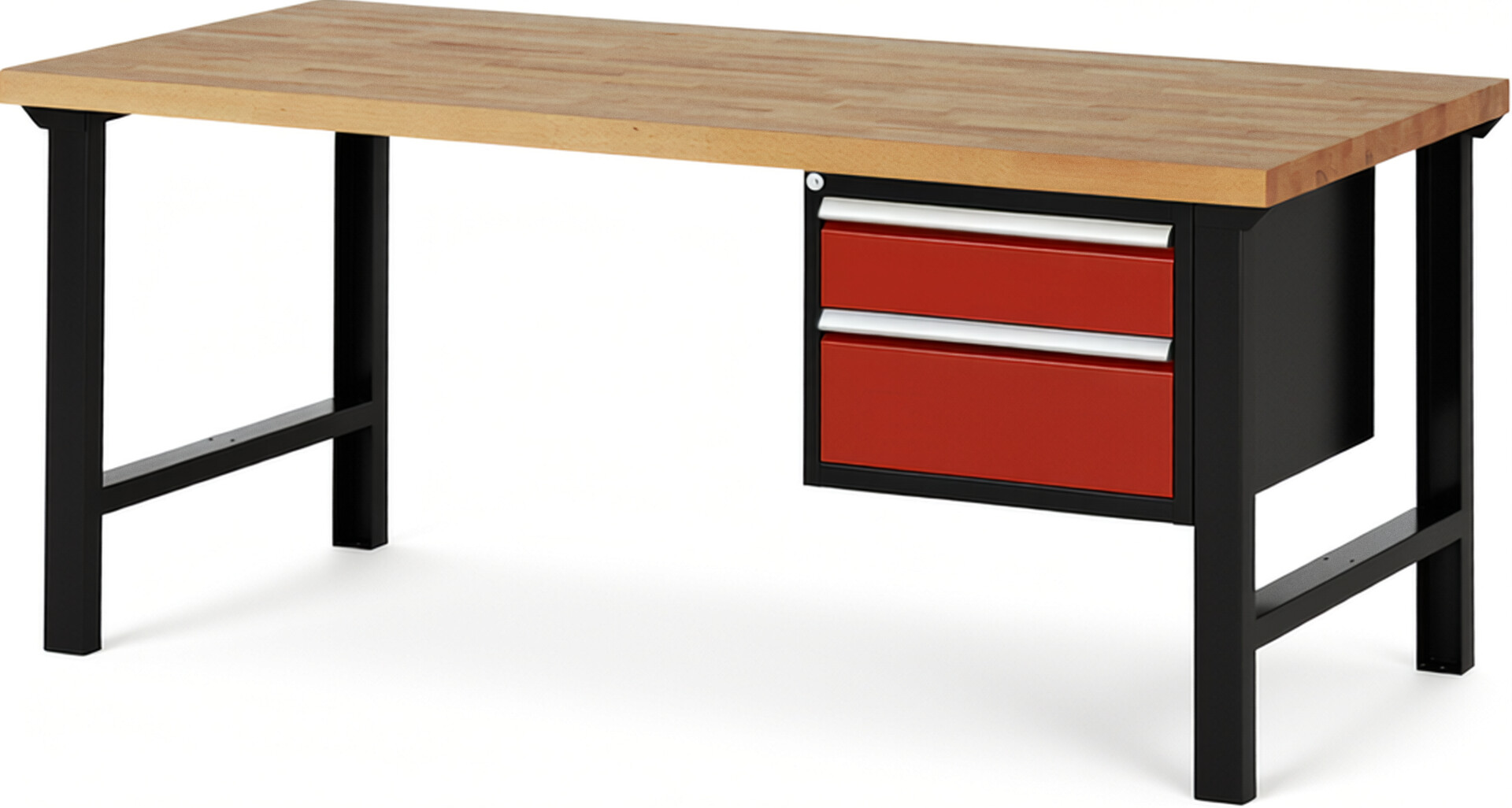 RAU Werkbank schwarz - rot - Breite 200 cm - Tiefe 90 cm - Höhe 84 cm - Buche-Massiv Arbeitsplatte 40 mm