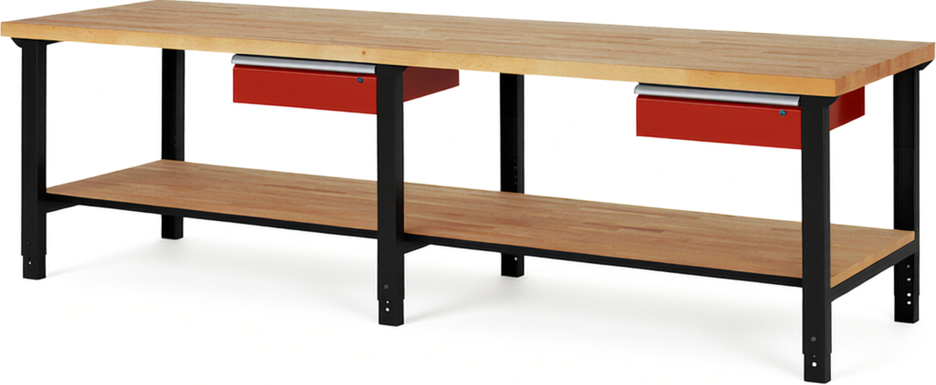 Werkbank Modell 7001 schwarz-rot, BxTxH 3000x900x790-1140 mm,  Buche-Massiv Arbeitsplatte 40 mm,  2 Schubladen mit  Auszug 90 %