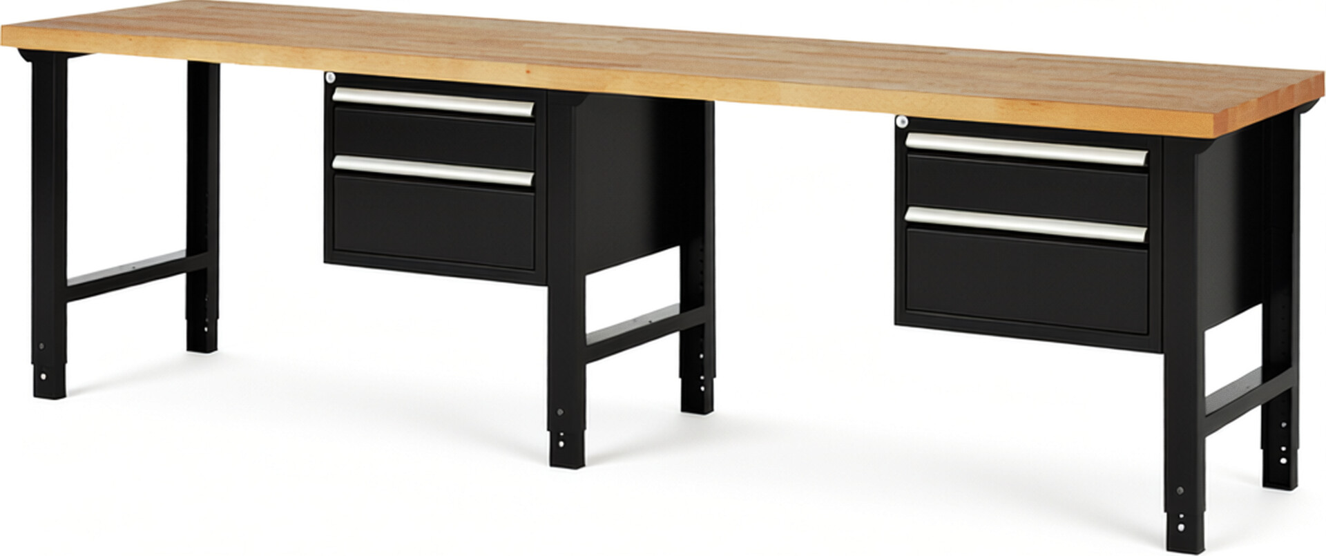 Werkbank Modell 7123 schwarz, BxTxH 3000x700x790-1140 mm,  Buche-Massiv Arbeitsplatte 40 mm,  4 Schubladen mit  Auszug 90 %