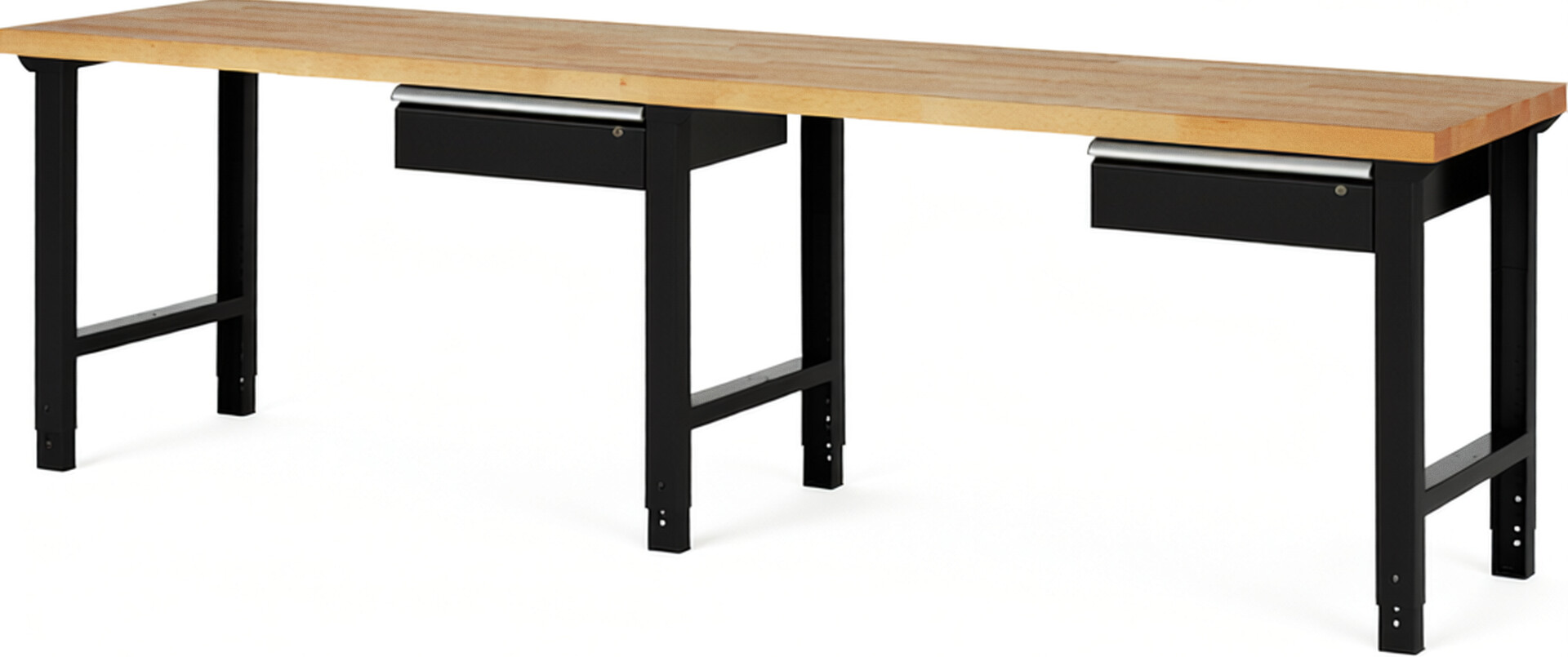 Werkbank Modell 7001 schwarz, BxTxH 3000x700x790-1140 mm,  Buche-Massiv Arbeitsplatte 40 mm,  2 Schubladen mit  Auszug 90 %