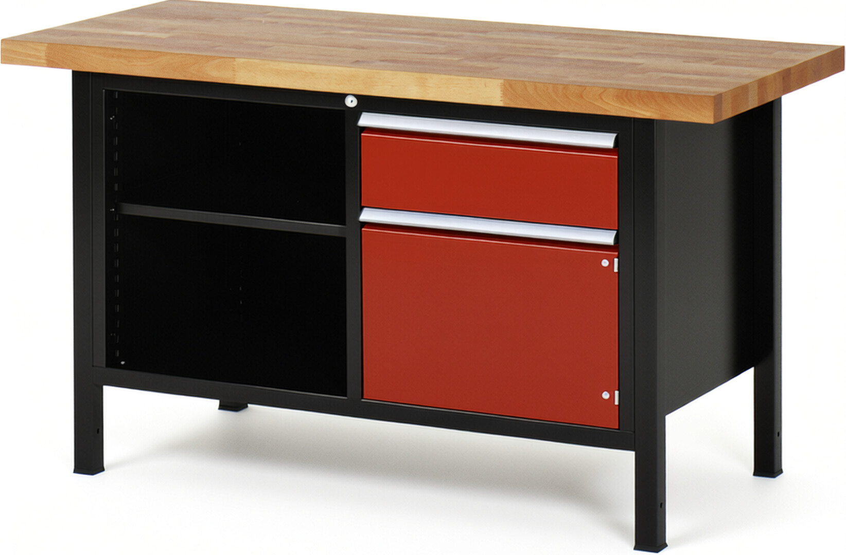 RAU Werkbank schwarz - rot - Breite 150 cm - Tiefe 70 cm - Höhe 104 cm - Buche-Massiv Arbeitsplatte 40 mm