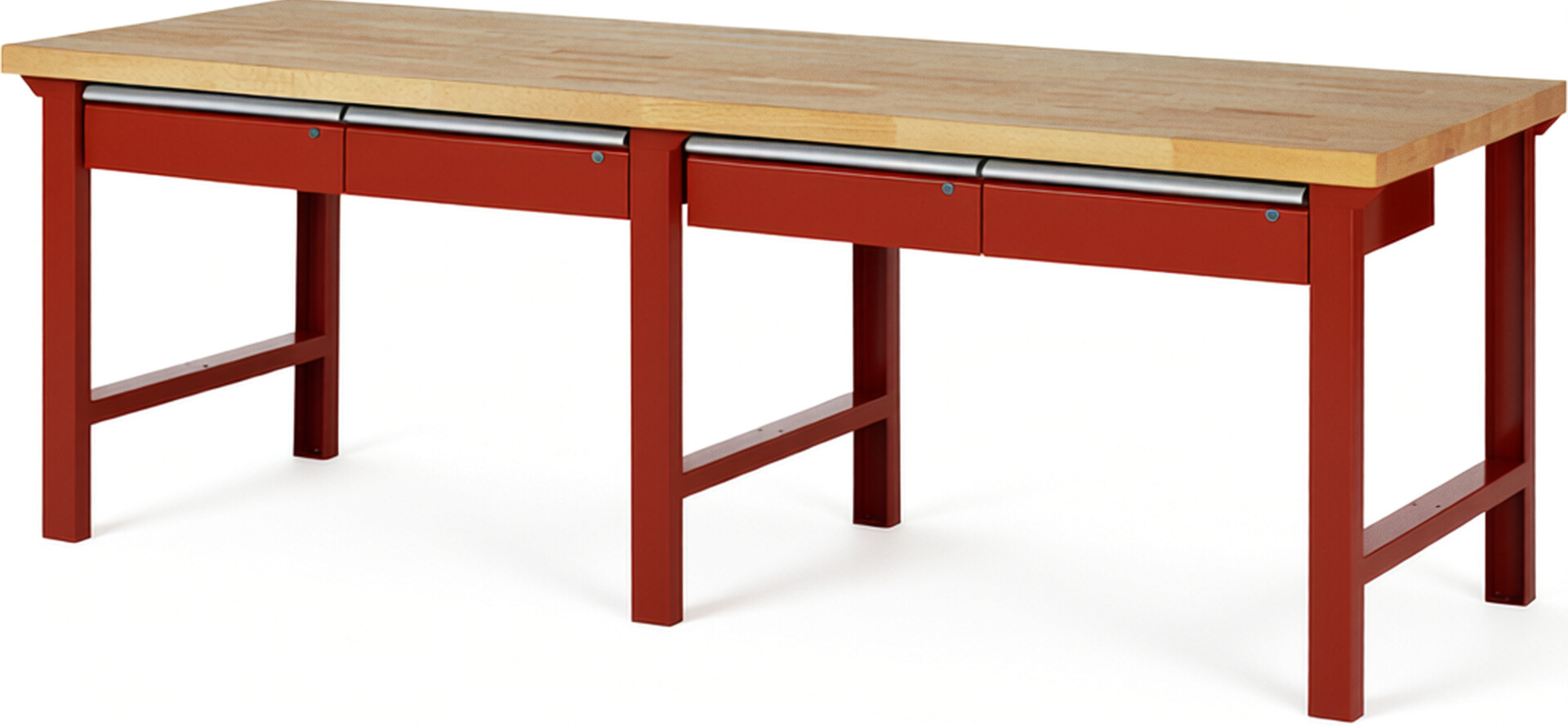 Werkbank Modell 7002 rot, BxTxH 2500x900x840 mm,  Buche-Massiv Arbeitsplatte 40 mm,  4 Schubladen mit  Auszug 90 %