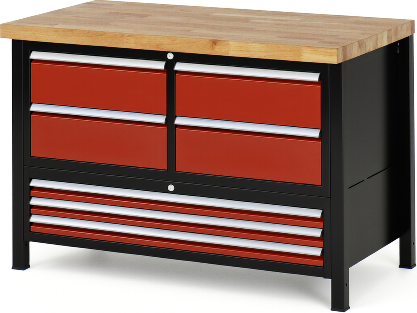 RAU Werkbank schwarz - rot - Breite 125 cm - Tiefe 70 cm - Höhe 104 cm - Buche-Massiv Arbeitsplatte 40 mm