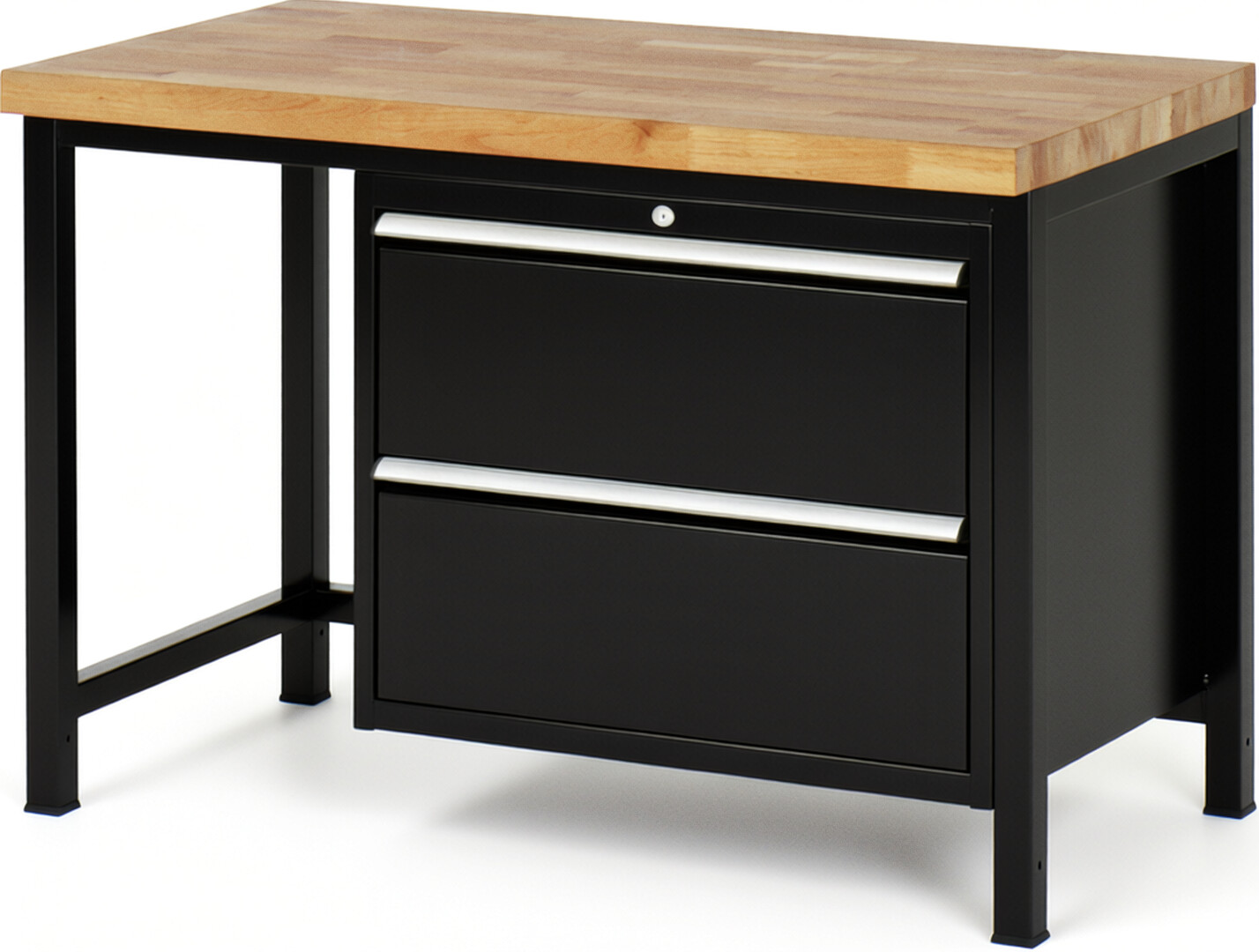Werkbank Modell 8255 schwarz, BxTxH 1250x700x840 mm,  Buche-Massiv Arbeitsplatte 40 mm,  2 Schubladen mit  Vollauszug 100 % und  SoftClosing