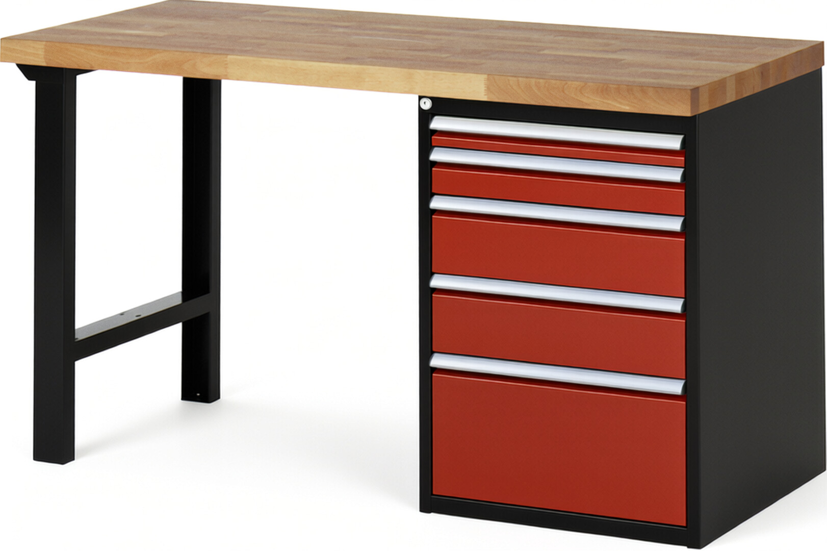 RAU Werkbank schwarz - rot - Breite 150 cm - Tiefe 70 cm - Höhe 89 cm - Buche-Massiv Arbeitsplatte 40 mm