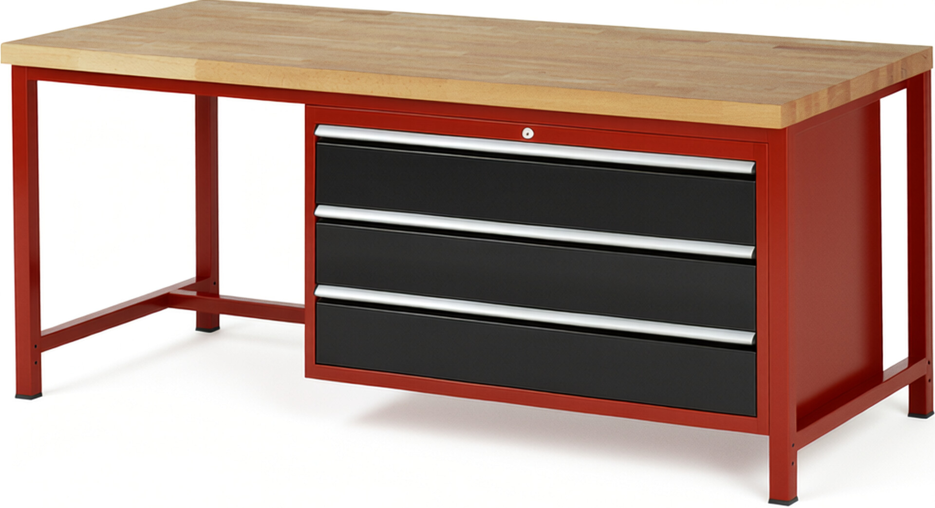 Werkbank Modell 8357 rot - schwarz, BxTxH 2000x900x840 mm,  Buche-Massiv Arbeitsplatte 40 mm,  3 Schubladen mit  Vollauszug 100 % und  SoftClosing