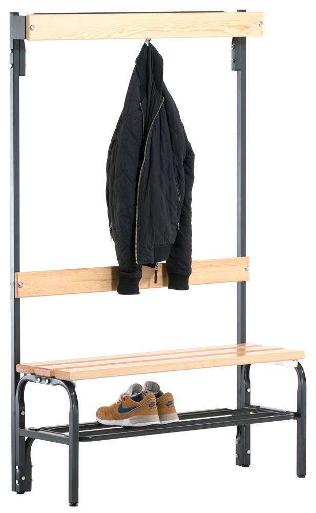 Einseitige Garderobenbank, Hakenleiste, mit Schuhrost, TxH 375x1650 mm, Länge 1015 mm, RAL 7016