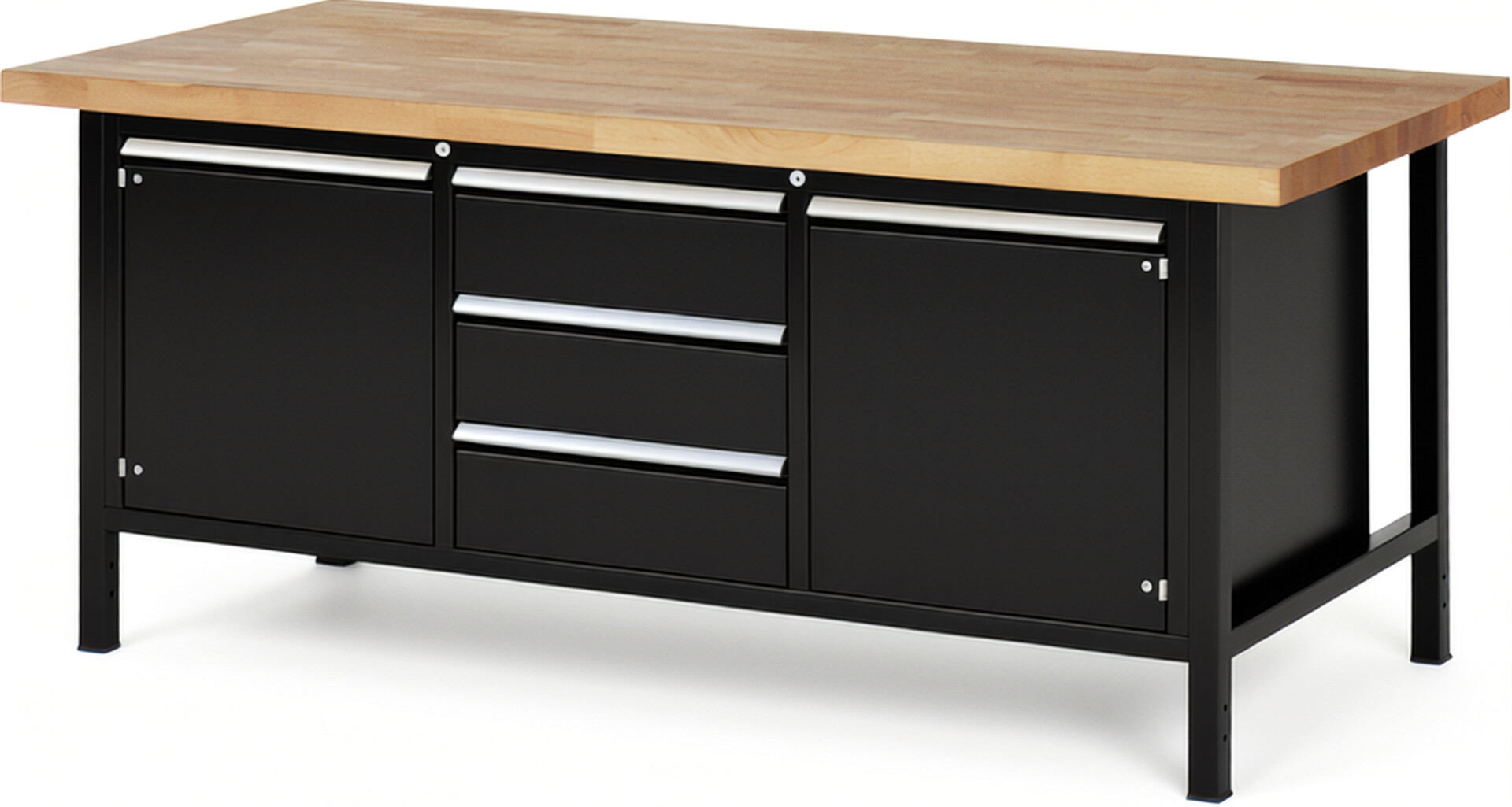 Werkbank Modell 8569 schwarz, BxTxH 2000x900x840-1040 mm,  Buche-Massiv Arbeitsplatte 40 mm,  3 Schubladen mit  Auszug 90 %