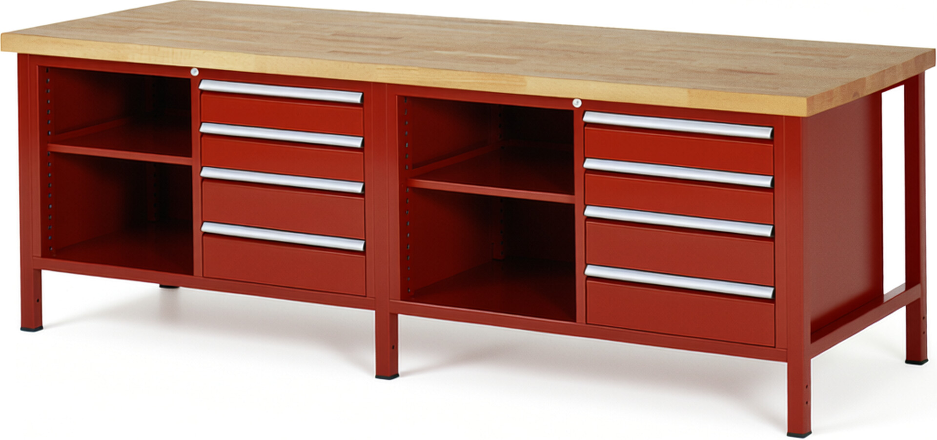 Werkbank Modell 8463 rot, BxTxH 2500x900x840-1040 mm,  Buche-Massiv Arbeitsplatte 40 mm,  8 Schubladen mit  Auszug 90 %
