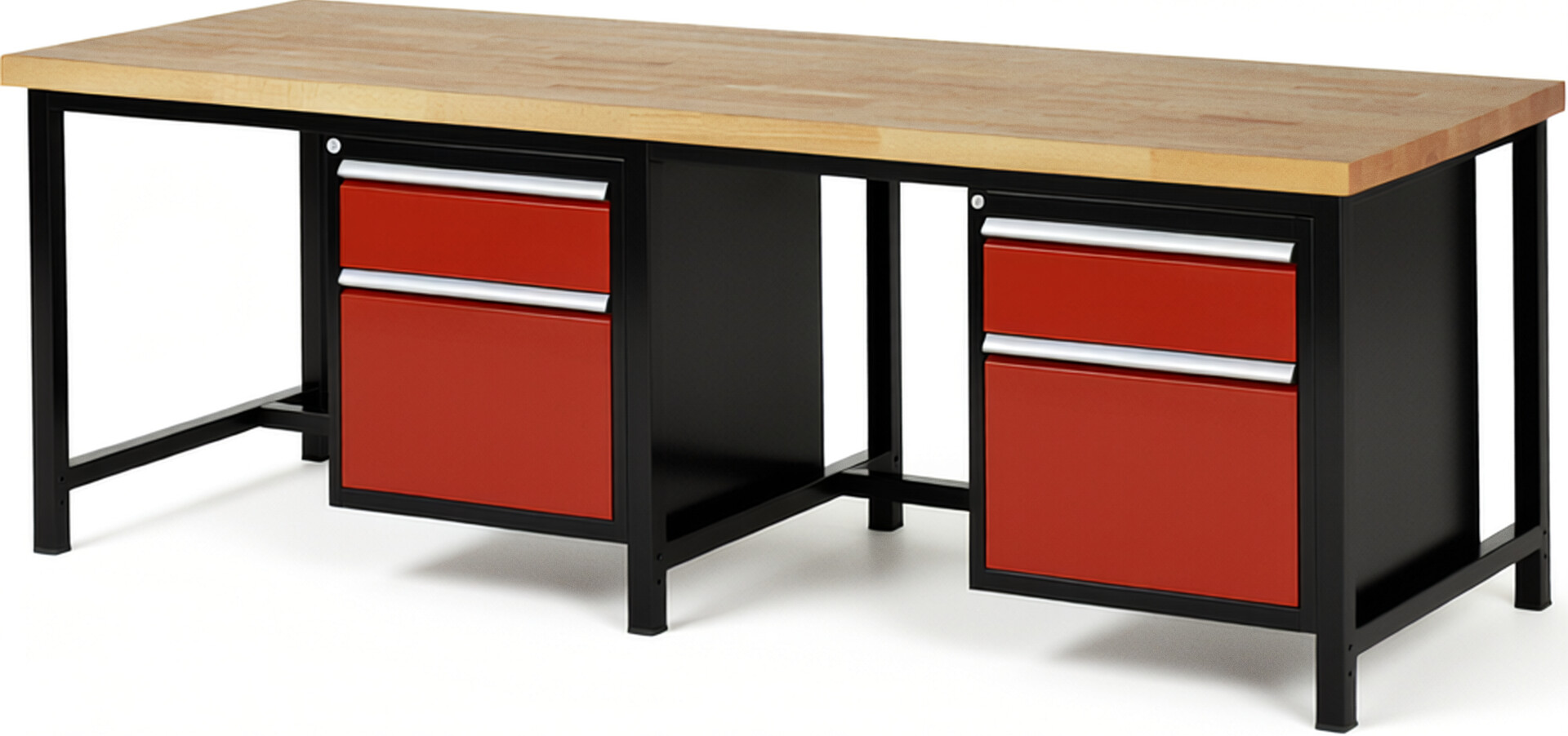 RAU Werkbank schwarz - rot - Breite 250 cm - Tiefe 90 cm - Höhe 104 cm - Buche-Massiv Arbeitsplatte 40 mm