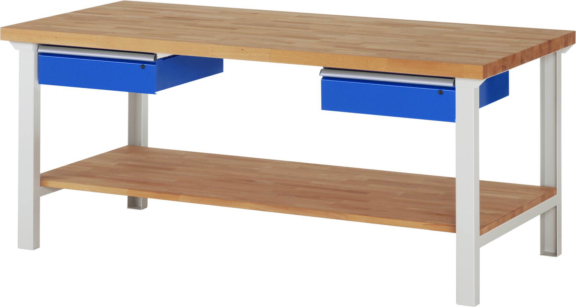 Werkbank Modell 7002 rot, BxTxH 2000x900x840 mm,  Buche-Massiv Arbeitsplatte 40 mm,  2 Schubladen mit  Auszug 90 %