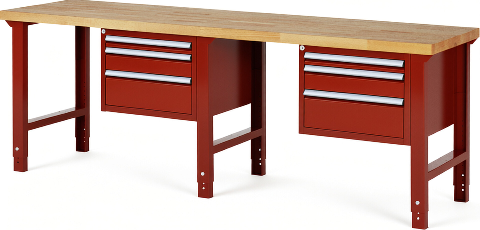 Werkbank Modell 7126 rot, BxTxH 2500x700x790-1140 mm,  Buche-Massiv Arbeitsplatte 40 mm,  6 Schubladen mit  Vollauszug 100 % und  SoftClosing