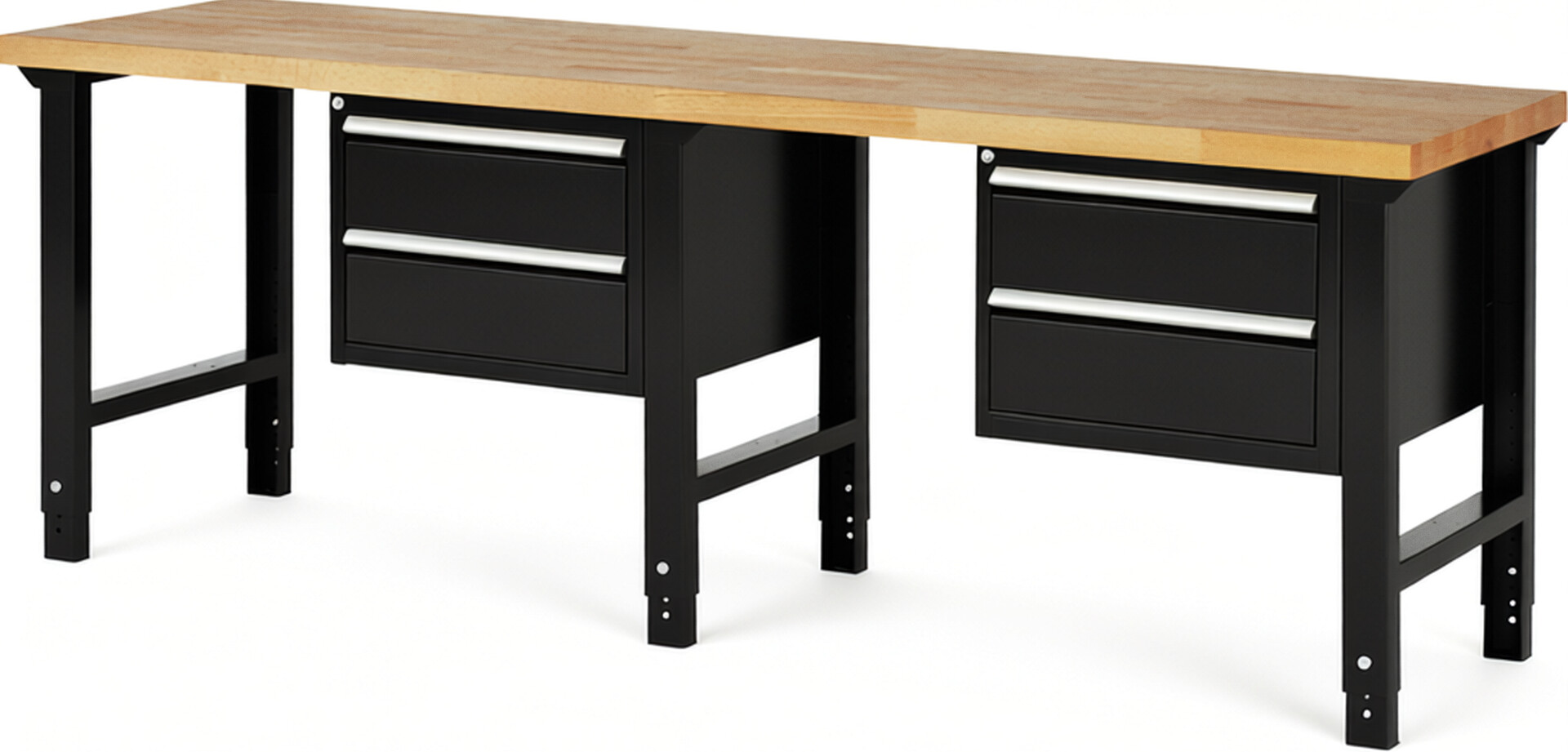 Werkbank Modell 7125 schwarz, BxTxH 2500x700x790-1140 mm,  Buche-Massiv Arbeitsplatte 40 mm,  4 Schubladen mit  Vollauszug 100 % und  SoftClosing