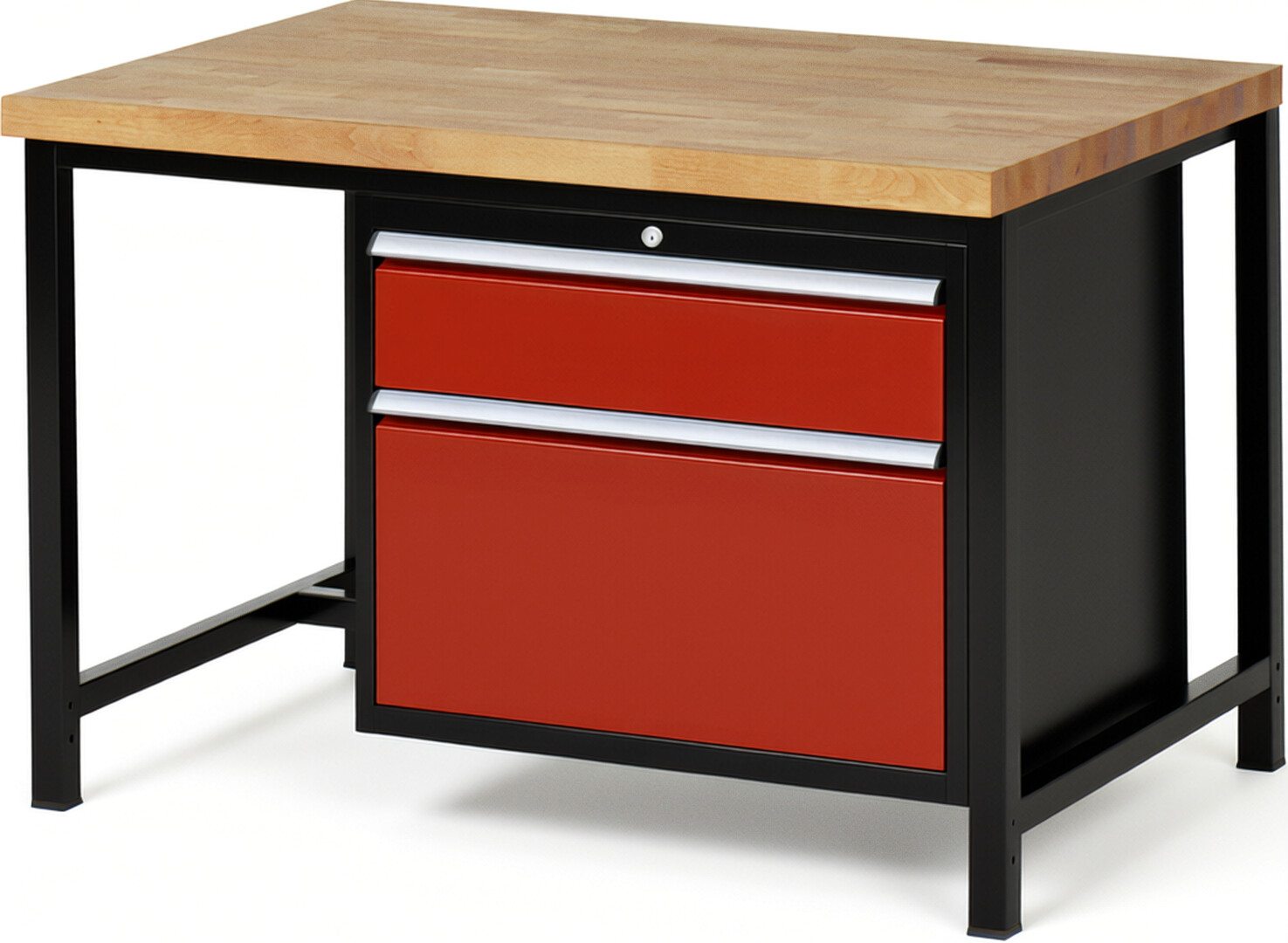 RAU Werkbank schwarz - rot - Breite 125 cm - Tiefe 90 cm - Höhe 104 cm - Buche-Massiv Arbeitsplatte 40 mm