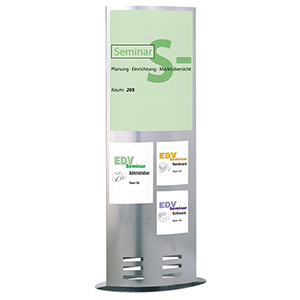 Prospektständer, Infosäule, zweiseitig nutzbar, zur Aufnahme von DIN A4 bis DIN A1  Wechselrahmen/Prospekthaltern, BxTxH 770x330x1850 mm, alusilber