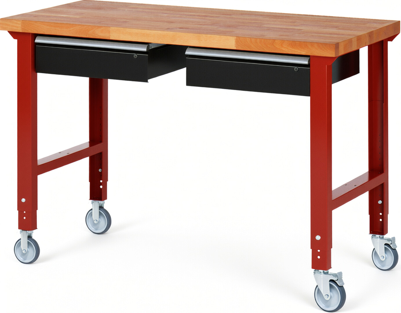 Fahrbare Werkbank Modell 7002 rot - schwarz, BxTxH 1500x700x950-1000 mm,  Buche-Massiv Arbeitsplatte 40 mm,  2 Schubladen mit  Auszug 90 %