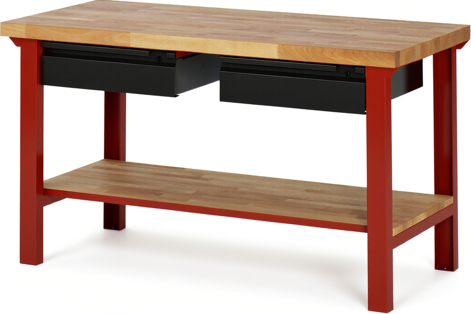 Werkbank - Modell 7002 BASIC rot - schwarz, BxTxH 1500x700x840 mm,  Buche-Massiv Arbeitsplatte 40 mm,  2 Schubladen mit  Auszug 90 %