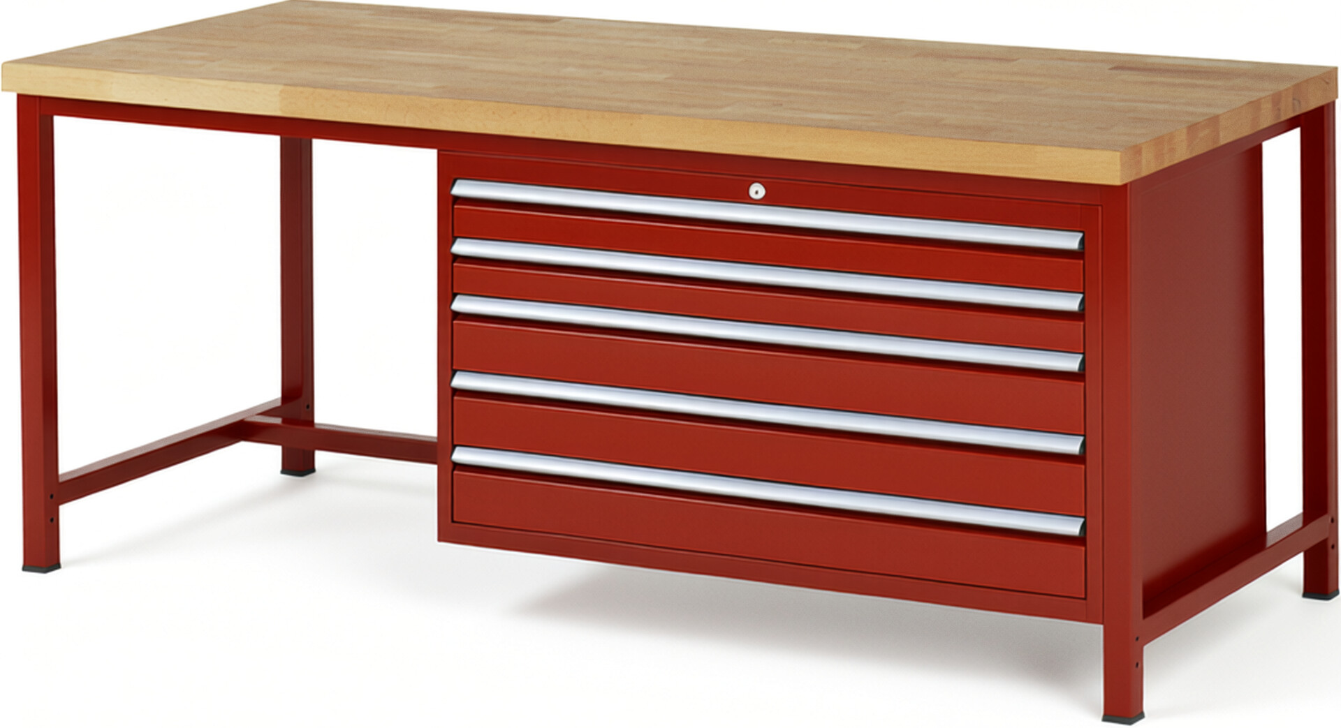 Werkbank Modell 8371 rot, BxTxH 2000x900x840 mm,  Buche-Massiv Arbeitsplatte 40 mm,  5 Schubladen mit  Auszug 90 %