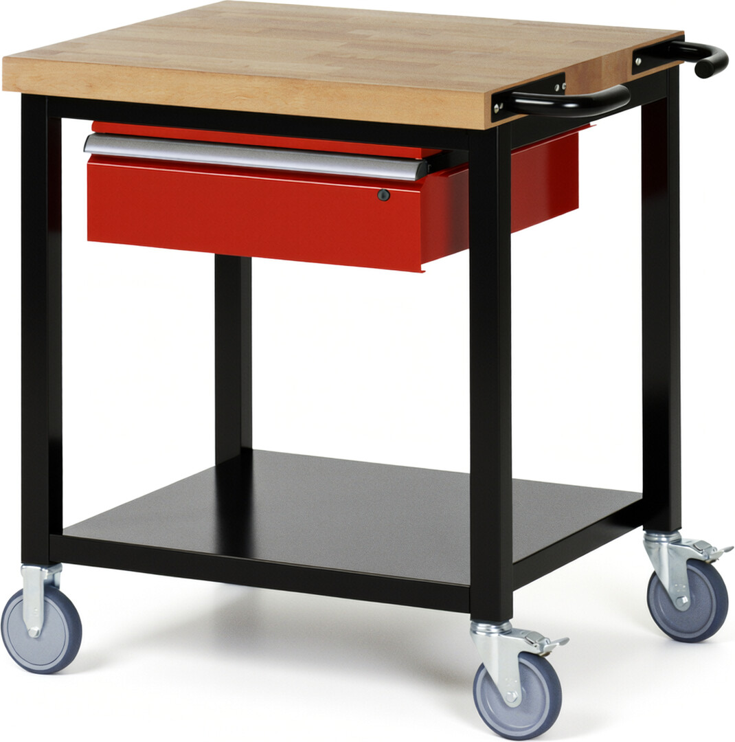 RAU Werkbank schwarz - rot - Breite 75 cm - Tiefe 70 cm - Höhe 108 cm - Buche-Massiv Arbeitsplatte 40 mm